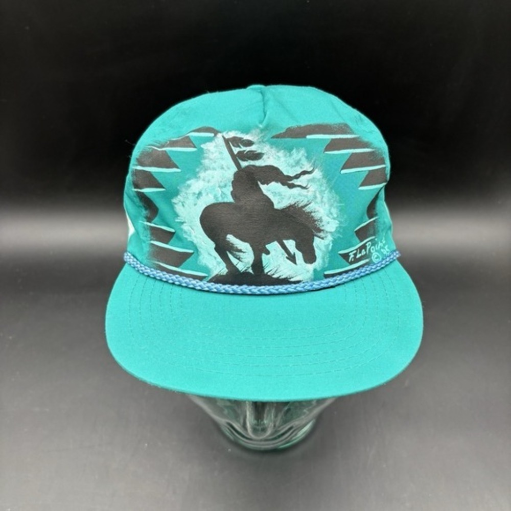F. LaPointe 1995 Hand-Painted‎ Native Warrior Snapback Hat Otto Cap Turquoise